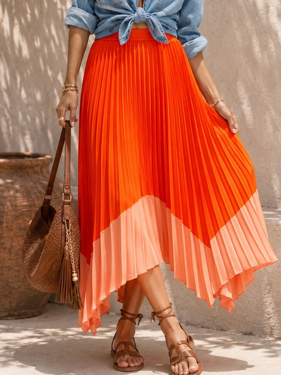 French Connection Dresses & Skirts - NWOT French Connection Pleated Pull-on Colorblock Orange Peach Midi Skirt Medium